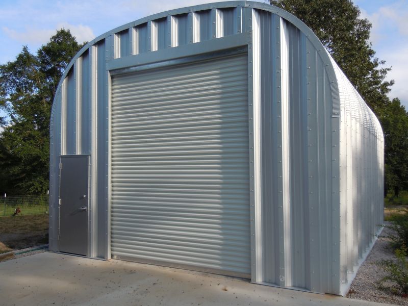 Front view of steel garage.