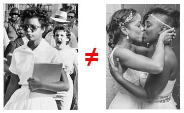 Little Rock Arkansas Central High School integration juxtaposed with a two lesbians kissing in wedding dresses.