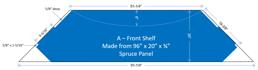 Desktop front shelf drawing with dimensions