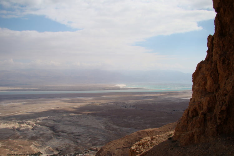 View from half-way up the cliff at Masada SE across the Dead Sea toward Mt. Nebo.