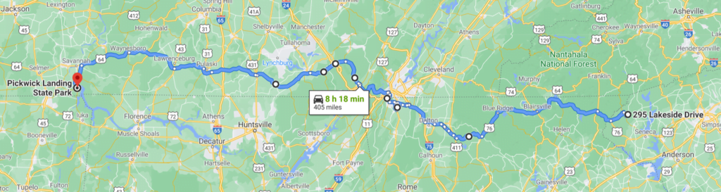 Strip map - Lakeside Drive Mountain Rest, SC to Pickwick Landing State Park, TN