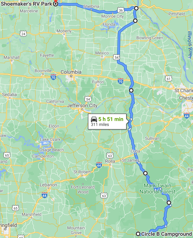 Route map - Day 3 Eminence MO to Shoemaker’s RV Park, Bevior, MO