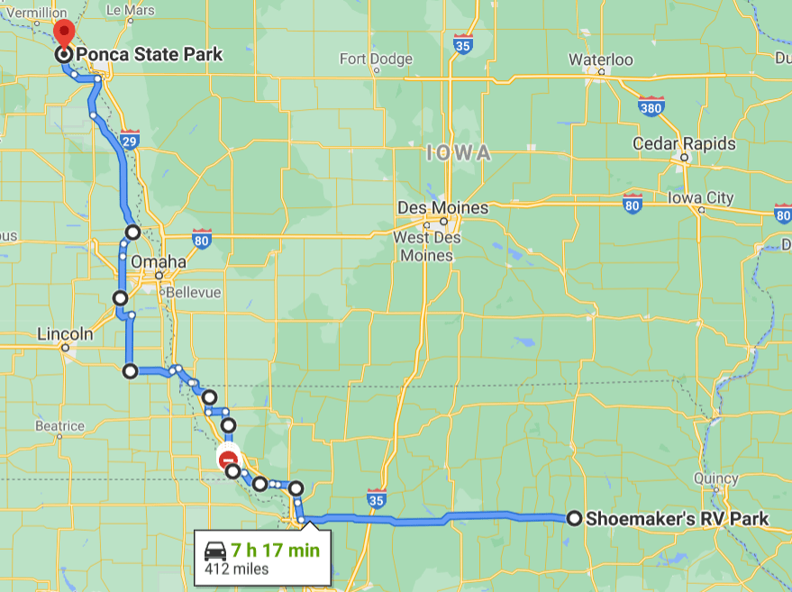 Day 4 route map Shoemaker's RV Park, MO to Ponca State Park, NE