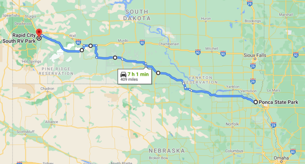 Route map Ponca State Park, NE to Rapid City South RV Park, SD