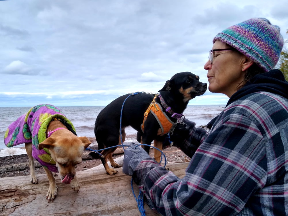 Sue and Doggies at Lake Superior Shore - Porcupine Mountain Wilderness