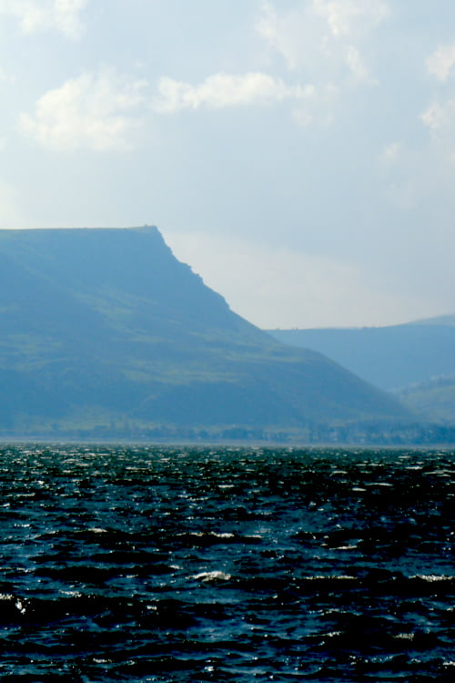 Mt. Arbel seen from boat off Tiberias