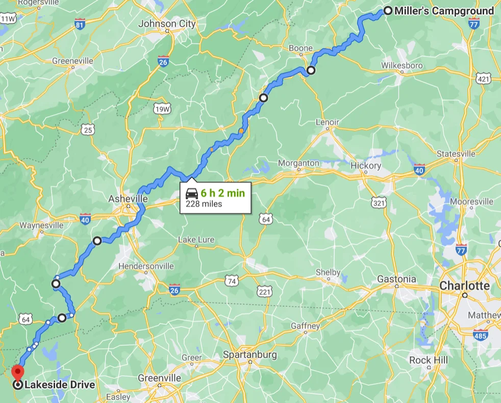 Route map Miller's Campground to Mountain Rest