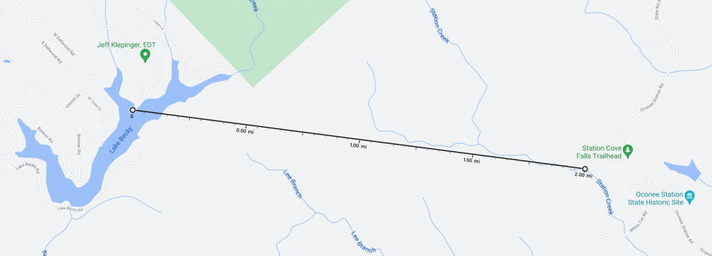 Map showing distance from our Lake Becky house to Station Cove Falls
